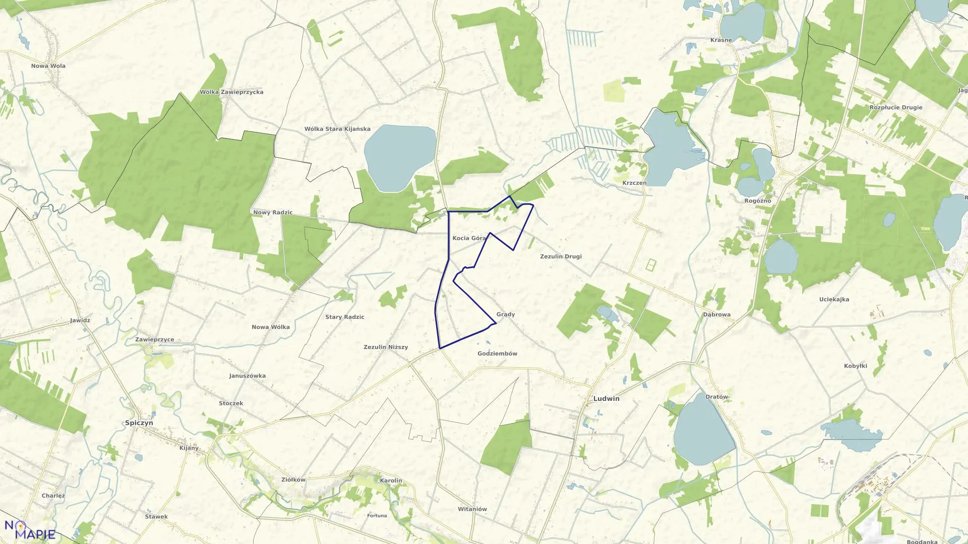 Mapa obrębu Kocia Góra w gminie Ludwin